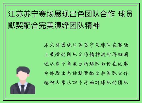 江苏苏宁赛场展现出色团队合作 球员默契配合完美演绎团队精神