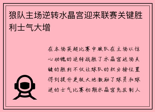 狼队主场逆转水晶宫迎来联赛关键胜利士气大增