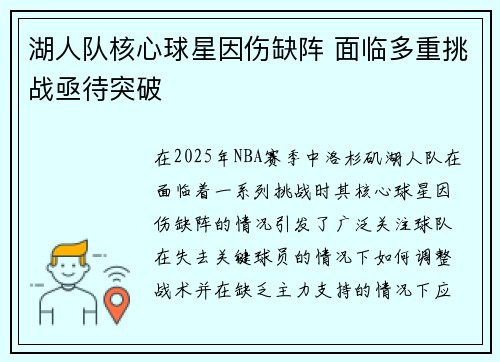 湖人队核心球星因伤缺阵 面临多重挑战亟待突破